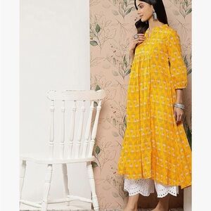 Janasya Indian Women's Cotton Yellow Botanical Print Casual Wear Kurta 100%Cotto